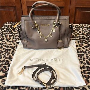 Retired-Michael Kors Grey/brown Leather Satchel with Gold Accents